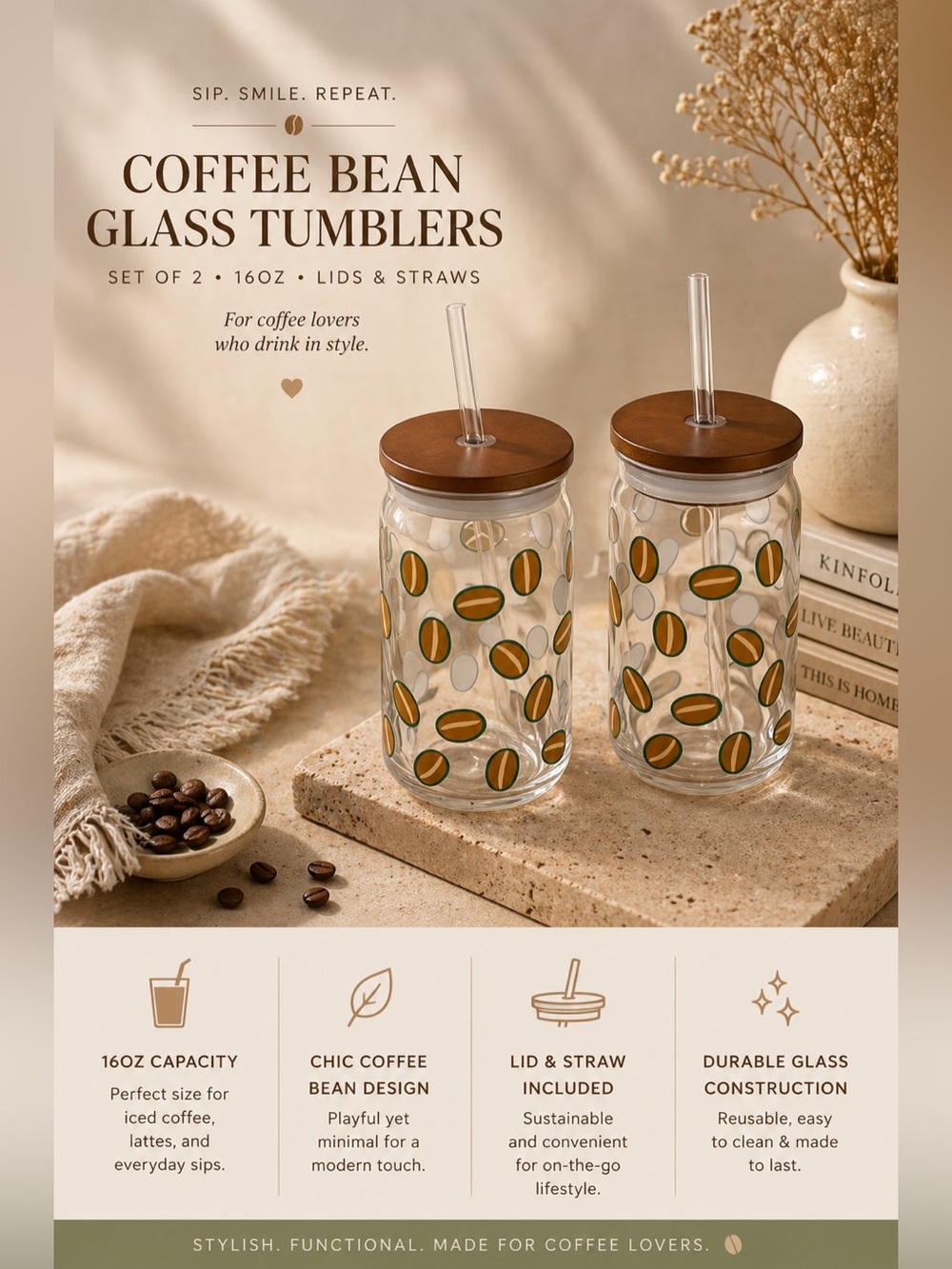 Coffee Bean Glass Tumblers • Set of 2 • 16oz • Lids & Straws • NEW